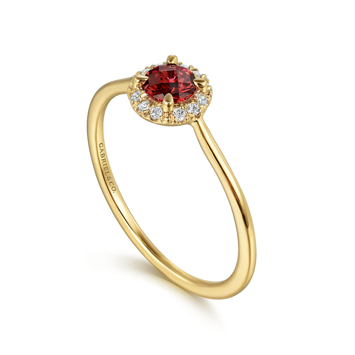 14K Yellow Gold Garnet and Diamond Halo Promise Ring — Gabriel & Co. LR51264Y45GN