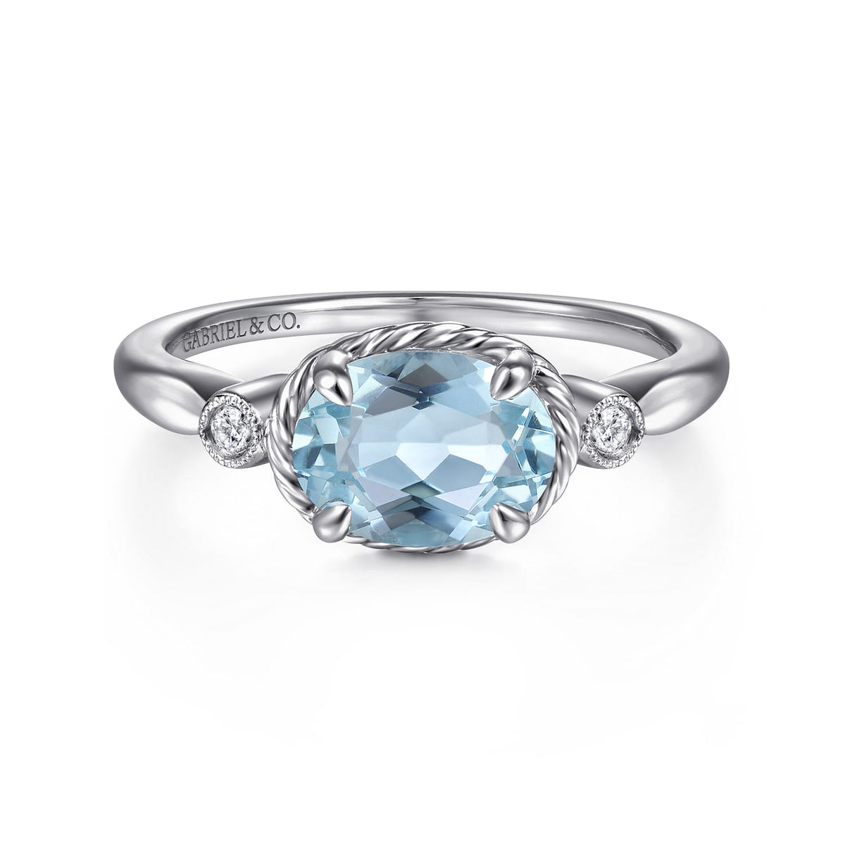14K White Gold Oval Aquamarine and Diamond Three Stone Promise Ring — Gabriel & Co. LR51435W45AQ