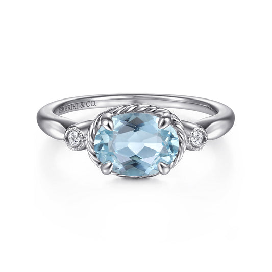 14K White Gold Oval Aquamarine and Diamond Three Stone Promise Ring — Gabriel & Co. LR51435W45AQ
