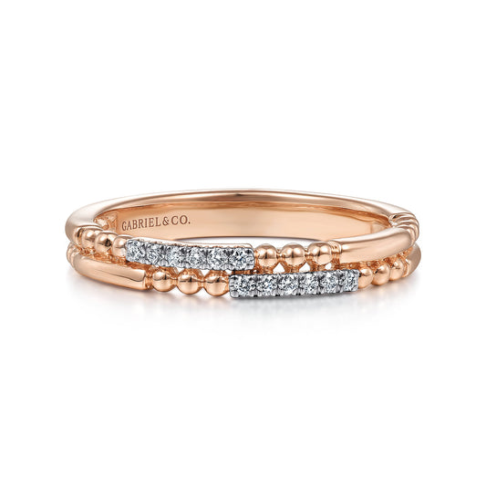 14K Rose Gold Two Row Beaded Diamond Stackable Ring — Gabriel & Co. LR51456K45JJ