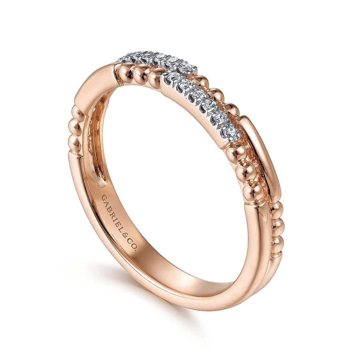 14K Rose Gold Two Row Beaded Diamond Stackable Ring — Gabriel & Co. LR51456K45JJ