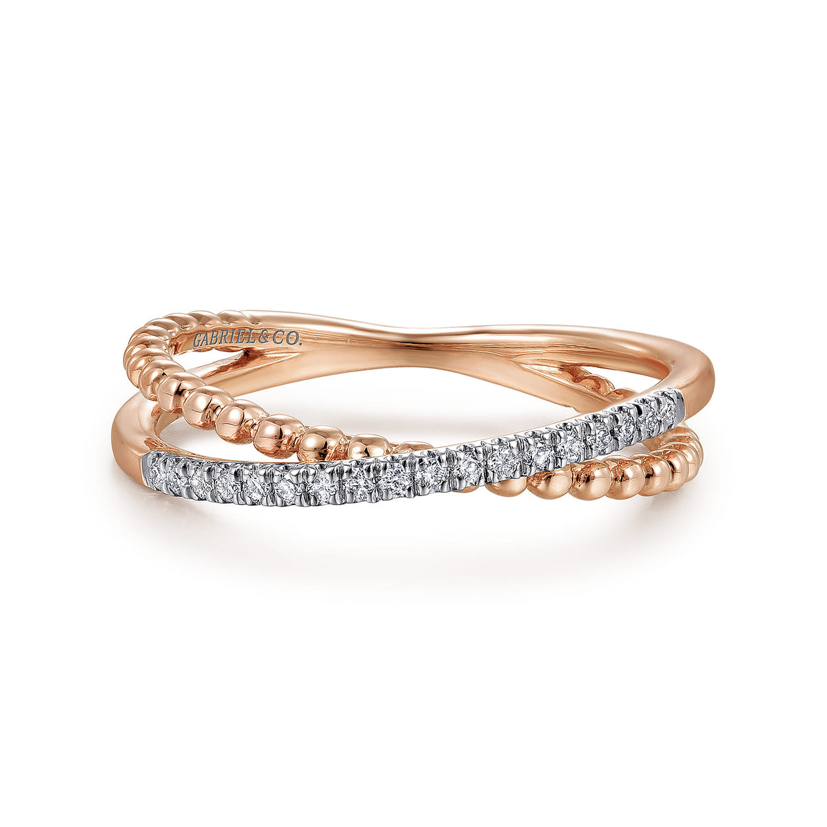 14K Rose Gold Beaded Pave Diamond Criss Cross Ring — Gabriel & Co. LR51463K45JJ