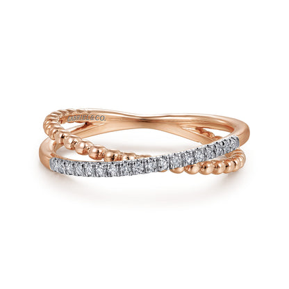 14K Rose Gold Beaded Pave Diamond Criss Cross Ring — Gabriel & Co. LR51463K45JJ