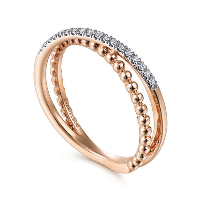 14K Rose Gold Beaded Pave Diamond Criss Cross Ring — Gabriel & Co. LR51463K45JJ
