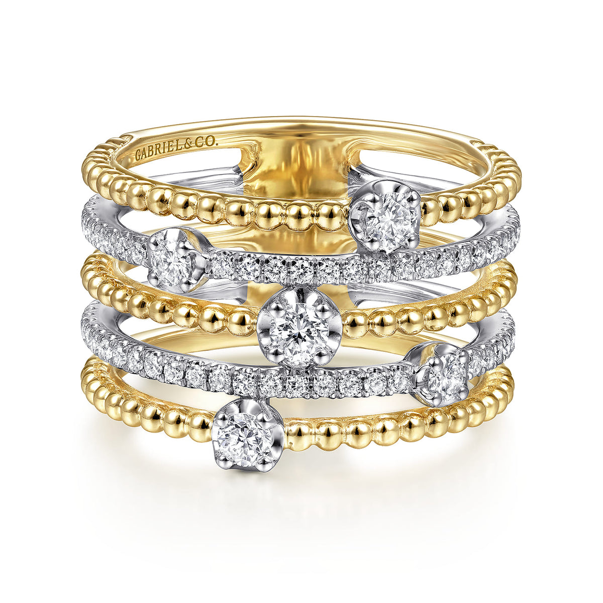 14K White-Yellow Gold Five Row Bujukan Ball and Diamond Station Ring — Gabriel & Co. LR51662M45JJ