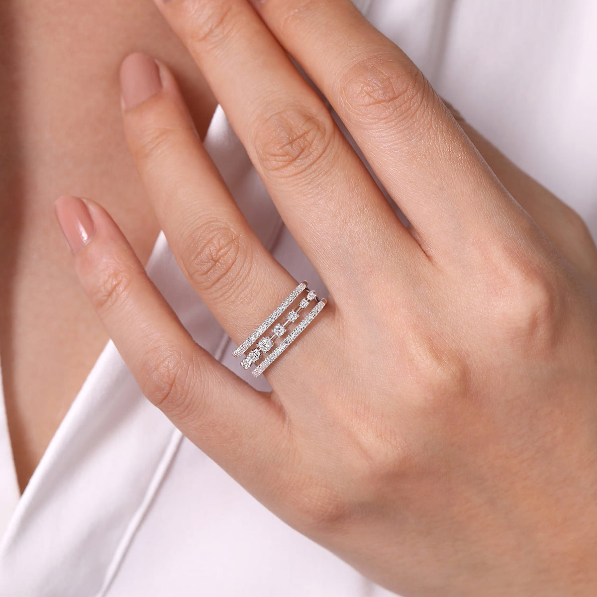 14K White Gold Three Row Diamond Station Ring — Gabriel & Co. LR52008W45JJ