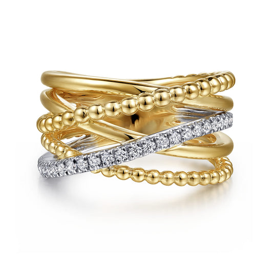 Wide Band Criss Cross Ring 14K White and Yellow Gold Diamond 0.25ct Bujukan — Gabriel & Co. LR52202M45JJ