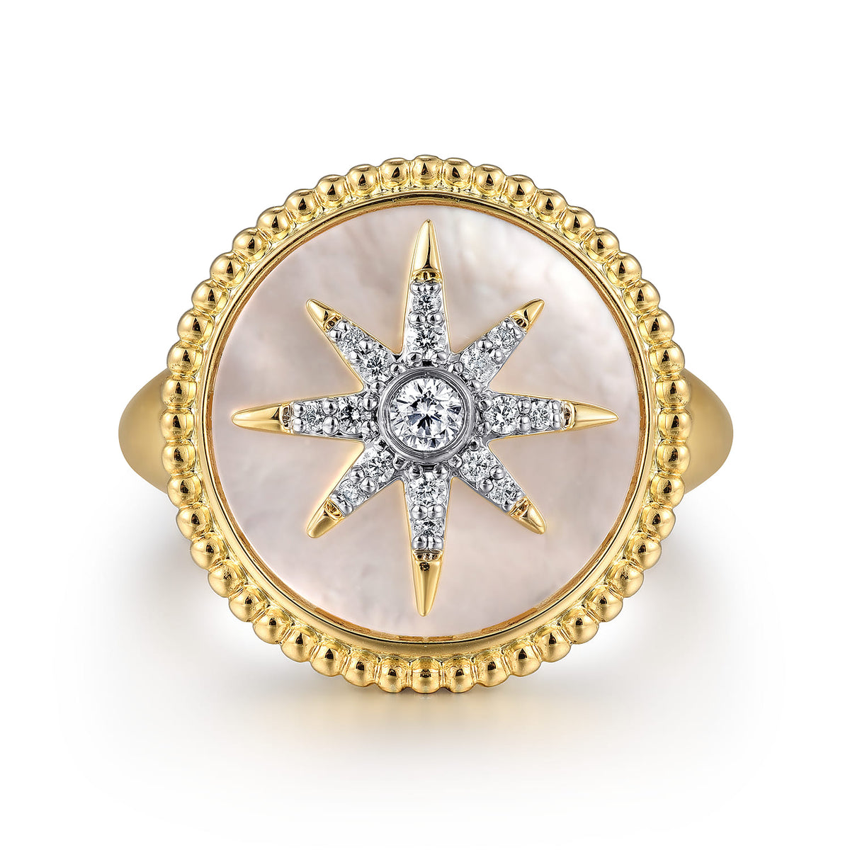 14K Yellow Gold Mother of Pearl Inlay and Diamond Starburst Signet Ring — Gabriel & Co. LR52378Y45WM