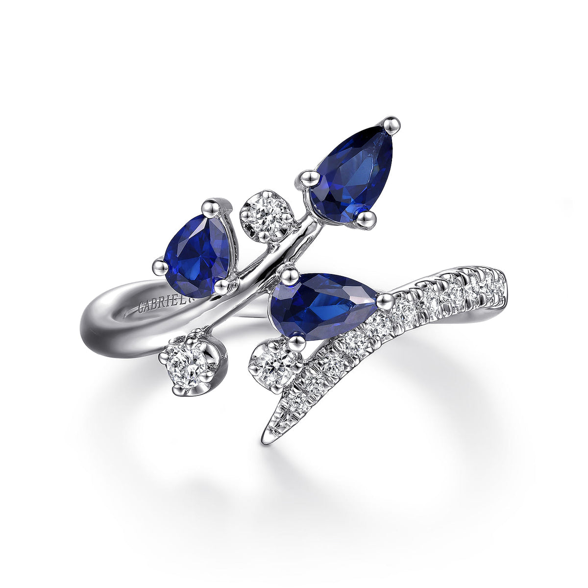 14K White Gold Diamond and Blue Sapphire Bypass Floral Ring — Gabriel & Co. LR52408W45SA