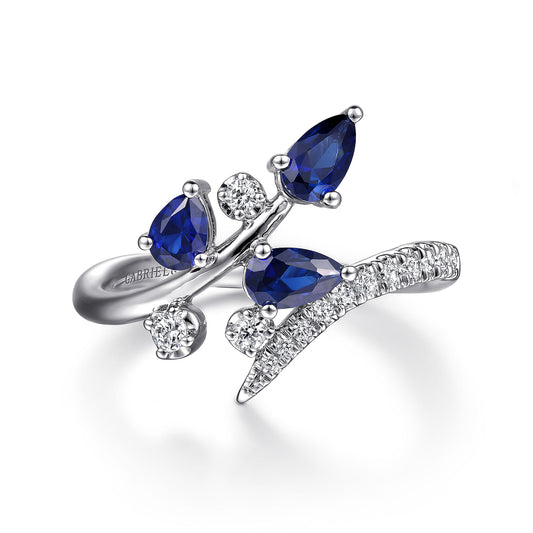 14K White Gold Diamond and Blue Sapphire Bypass Floral Ring — Gabriel & Co. LR52408W45SA
