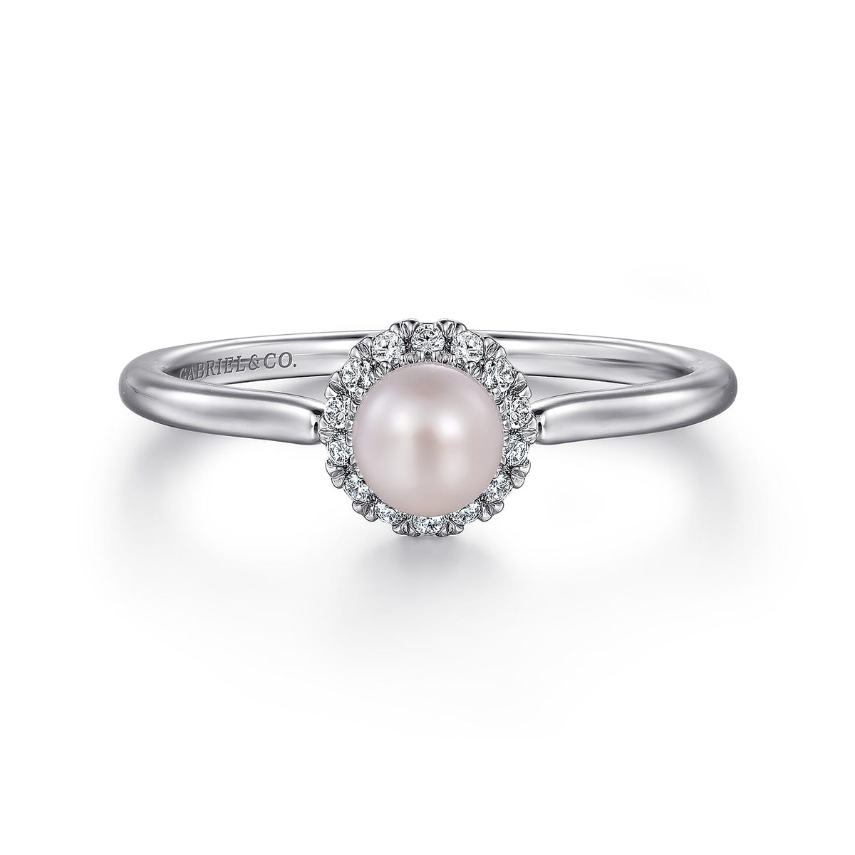 14K White Gold Pearl with Diamond Halo Promise Ring — Gabriel & Co. LR52419W45PL