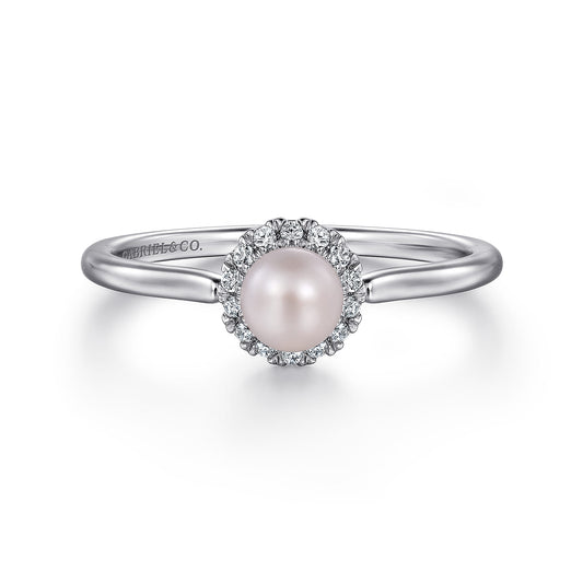 14K White Gold Pearl with Diamond Halo Promise Ring — Gabriel & Co. LR52419W45PL