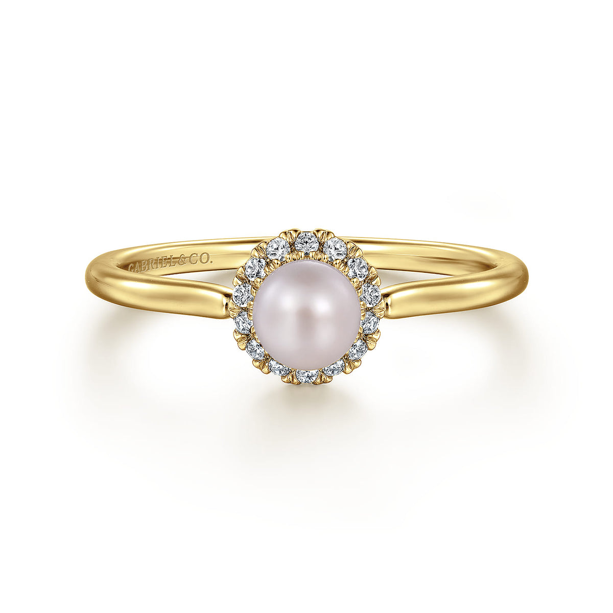 14K Yellow Gold Pearl Promise Ring with Diamond Halo — Gabriel & Co. LR52419Y45PL
