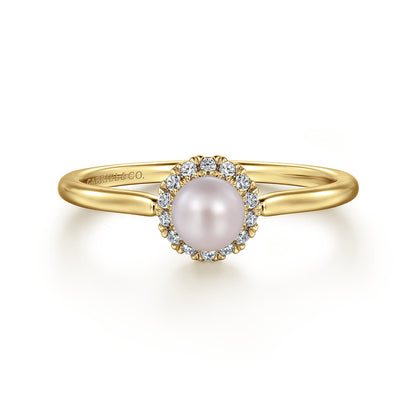 14K Yellow Gold Pearl Promise Ring with Diamond Halo — Gabriel & Co. LR52419Y45PL