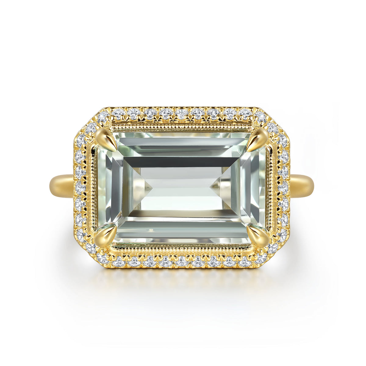 14K Yellow Gold Diamond and Green Amethyst Emerald Cut Ladies Ring with Flower Pattern Gallery — Gabriel & Co. LR52481Y45GA