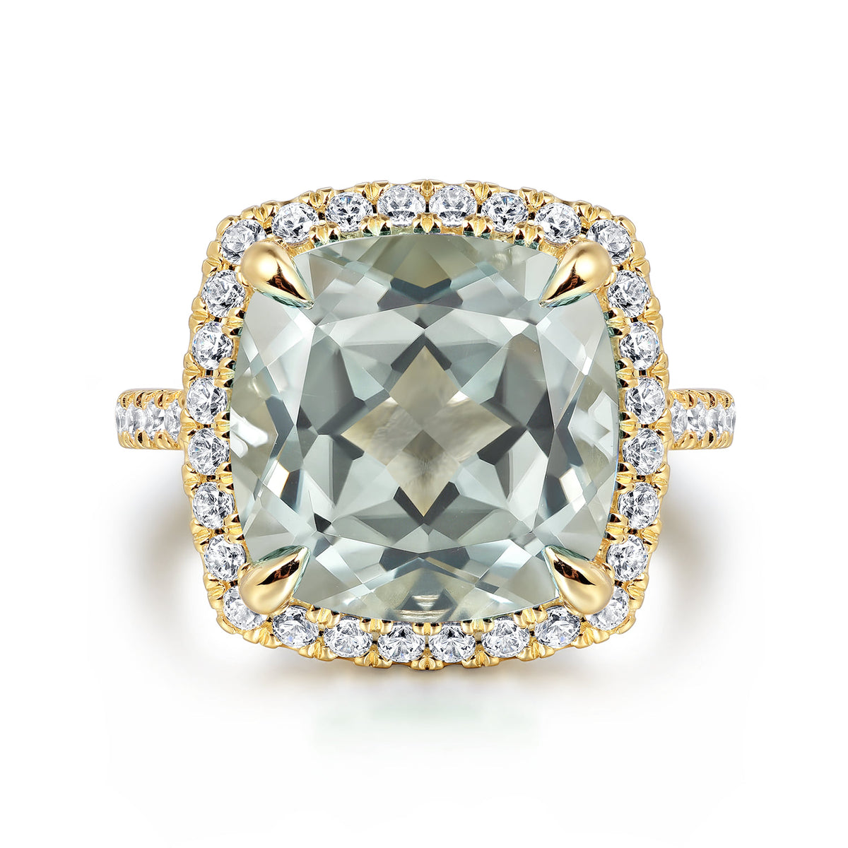14K Yellow Gold Diamond and Green Amethyst Cushion Cut Ladies Ring with Flower Pattern Gallery — Gabriel & Co. LR52482Y45GA