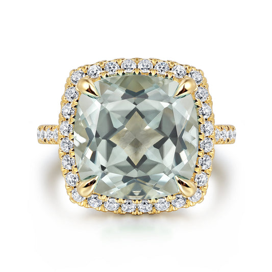 14K Yellow Gold Diamond and Green Amethyst Cushion Cut Ladies Ring with Flower Pattern Gallery — Gabriel & Co. LR52482Y45GA