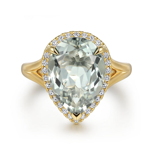 14K Yellow Gold Diamond and Flat Pear Shape Green Amethyst Ladies Ring with Flower Pattern Gallery — Gabriel & Co. LR52485Y45GA