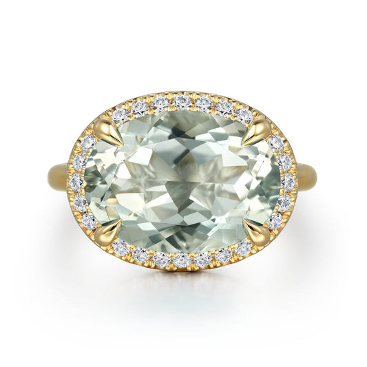 14K Yellow Gold Diamond and Oval Shape Green Amethyst Ladies Ring with Flower Pattern Gallery — Gabriel & Co. LR52486Y45GA