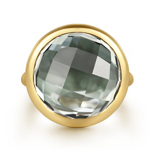 14K Yellow Gold Green Amethyst Round Shape Ladies Ring with Flower Pattern J-Back — Gabriel & Co. LR52489Y4JGA