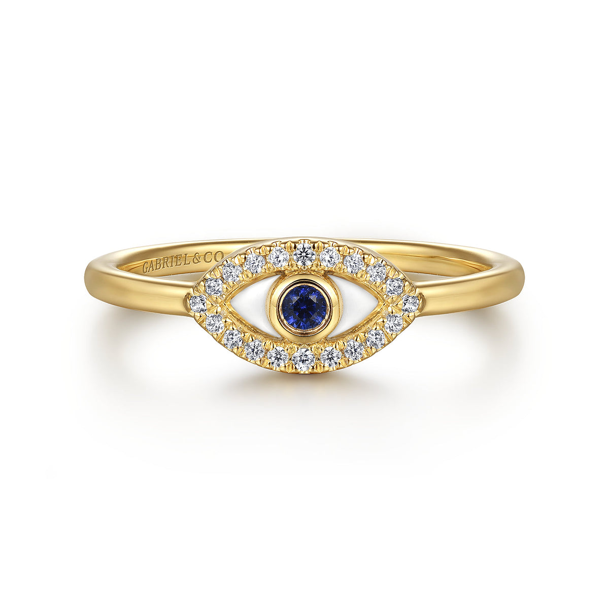 14K Yellow Gold Diamond and Blue Sapphire Evil Eye Stackable with White Enamel — Gabriel & Co. LR52500E9Y45SA