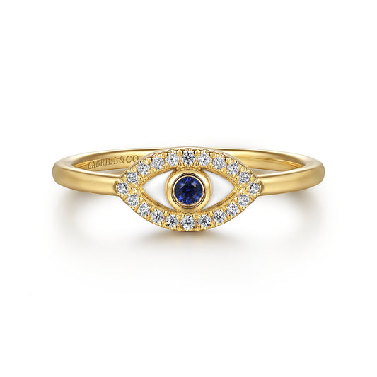 14K Yellow Gold Diamond and Blue Sapphire Evil Eye Stackable with White Enamel — Gabriel & Co. LR52500E9Y45SA