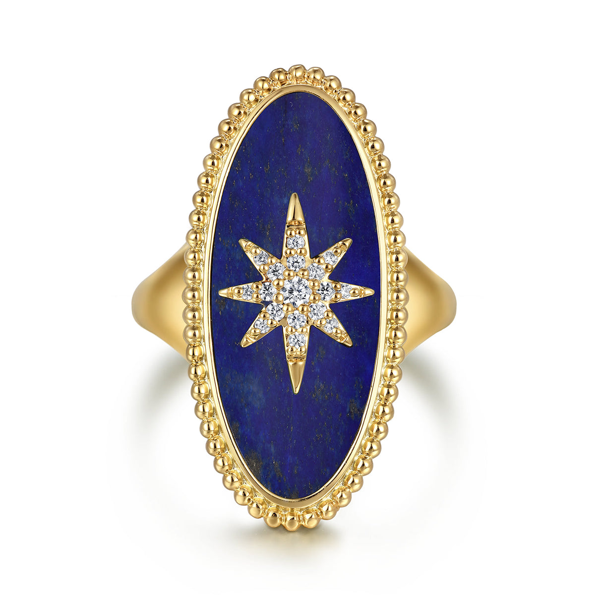 14K Yellow Gold Bujukan Elongated Oval Lapis Inlay Starburst Signet Ring — Gabriel & Co. LR52515Y45LP