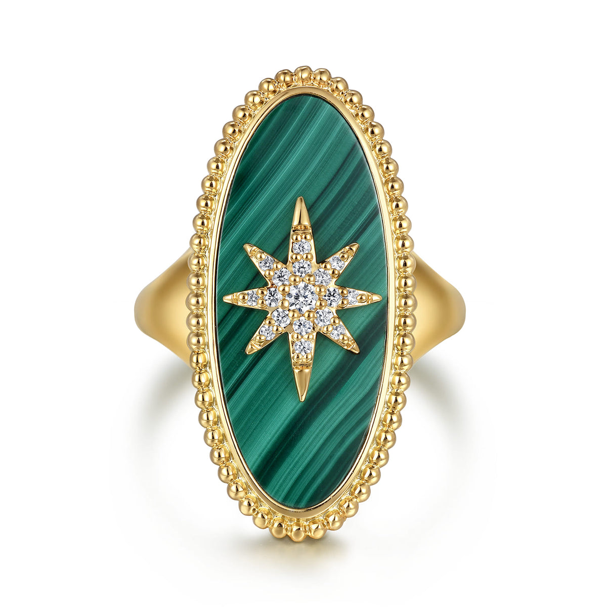 14K Yellow Gold Bujukan Elongated Oval Malachite Inlay Starburst Signet Ring — Gabriel & Co. LR52515Y45MA