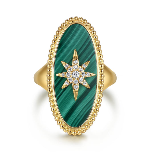 14K Yellow Gold Bujukan Elongated Oval Malachite Inlay Starburst Signet Ring — Gabriel & Co. LR52515Y45MA
