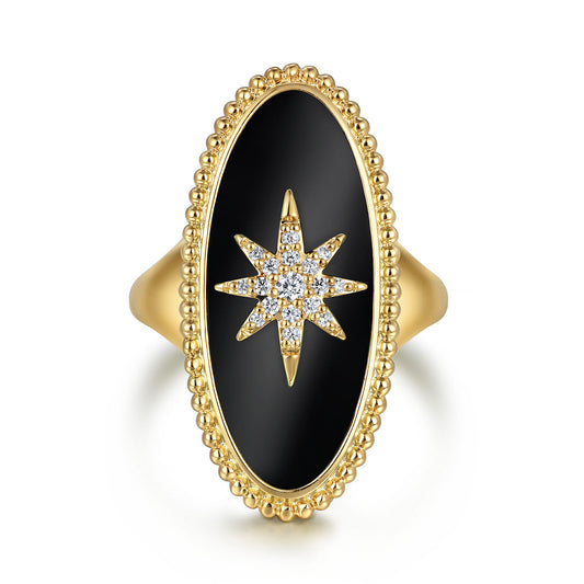 14K Yellow Gold Bujukan Elongated Oval Onyx Inlay Starburst Signet Ring — Gabriel & Co. LR52515Y45OX