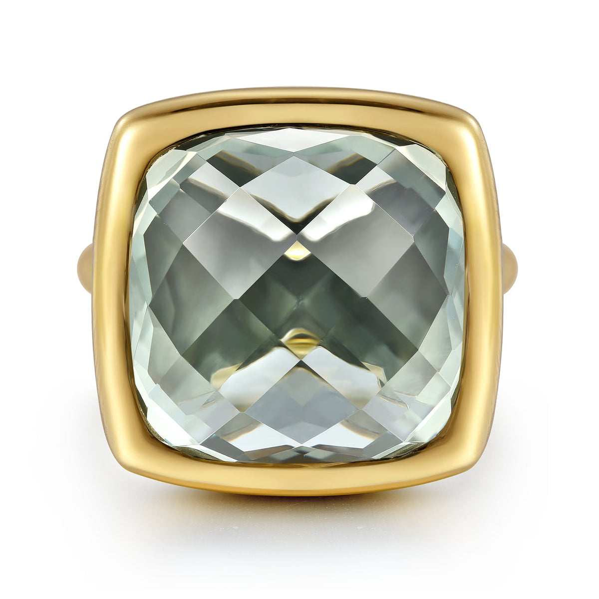 14K Yellow Gold Cushion Cut Green Amethyst Ladies Ring with Flower Pattern J-Back — Gabriel & Co. LR52519Y4JGA