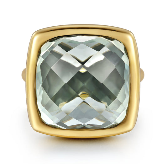14K Yellow Gold Cushion Cut Green Amethyst Ladies Ring with Flower Pattern J-Back — Gabriel & Co. LR52519Y4JGA