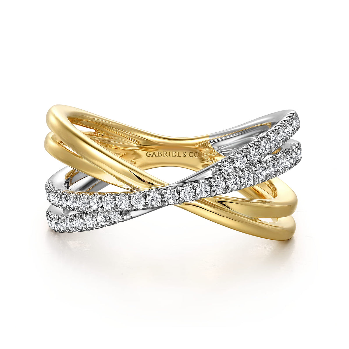 Wide Band Criss Cross Ring 14K White and Yellow Gold Diamond 0.25ct — Gabriel & Co. LR52583M45JJ