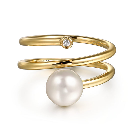 Wide Band Wrap Ring 14K Yellow Gold Diamond and Pearl 0.02ct — Gabriel & Co. LR52679Y45PL