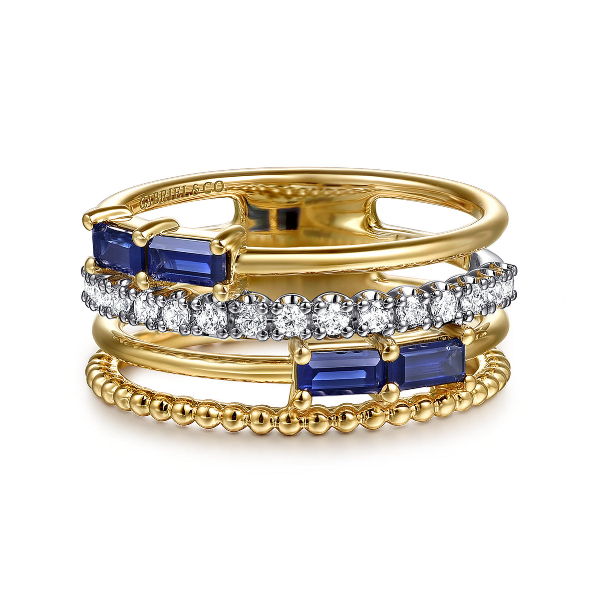 Wide Band Easy-Stack Ring 14K White and Yellow Gold Diamond and Blue Sapphire 0.2ct — Gabriel & Co. LR52769M45SA
