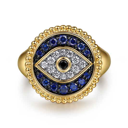 14K Yellow Gold Bujukan Diamond and Multi Stones Evil Eye Signet Ring — Gabriel & Co. LR52773Y45MC