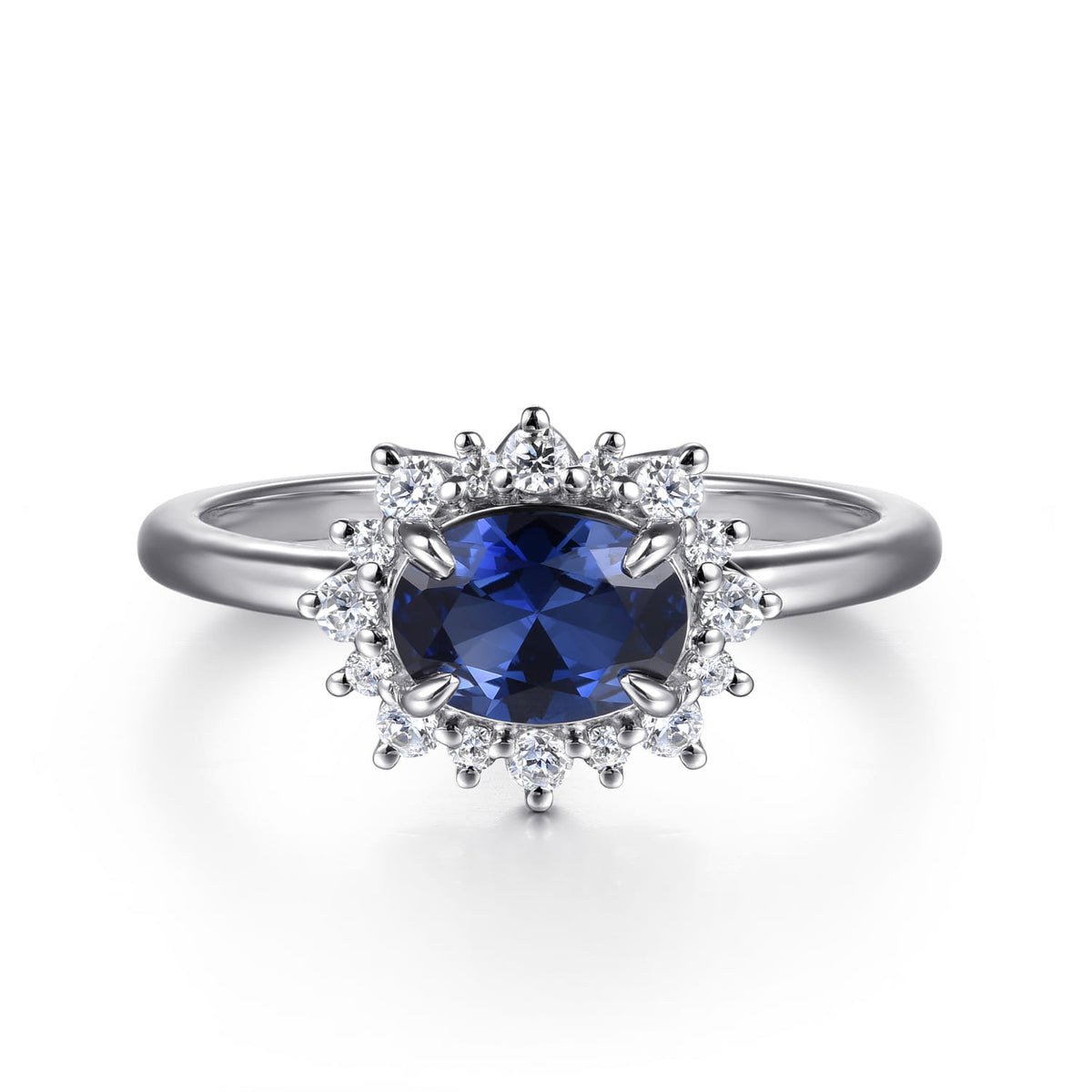 14K White Gold Diamond Halo and Oval Sapphire Classic Ladies Ring — Gabriel & Co. LR52827W45SA