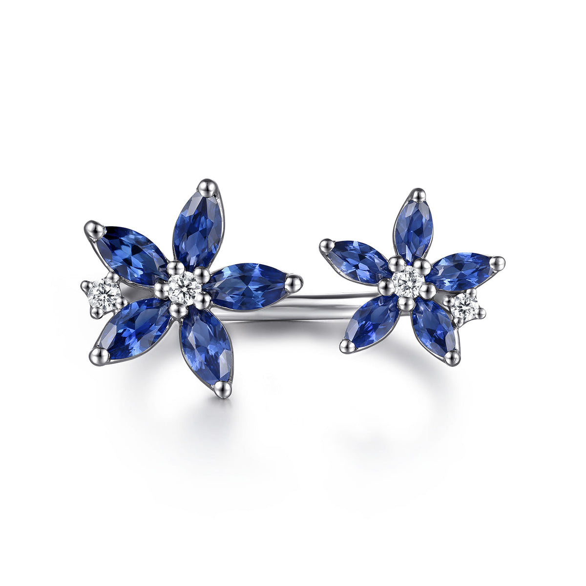 14K White Gold Diamond and Marquise Sapphire Flower Open Ring — Gabriel & Co. LR52843W45SA