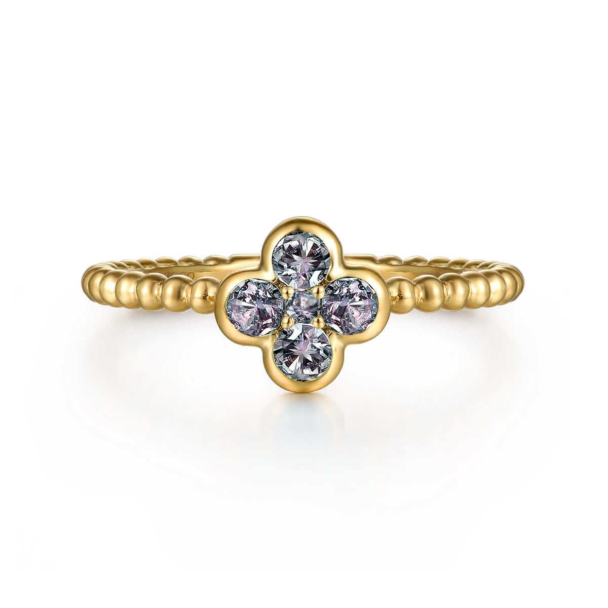 14K Yellow Gold Blue Manmade Alexandrite Cluster Clover and Bujukan Bead Stackable Ring — Gabriel & Co. LR52876Y4J25