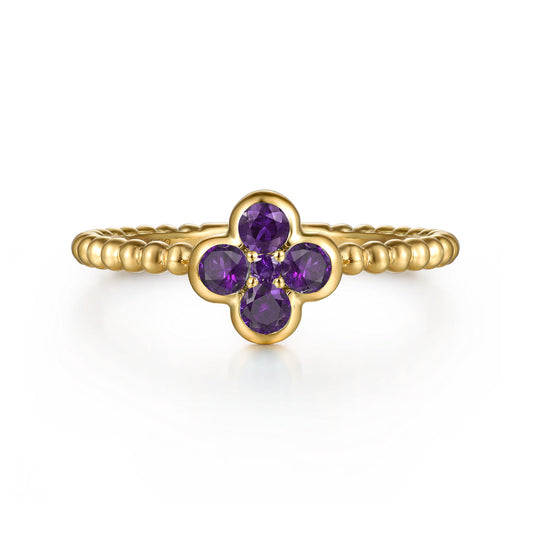 14K Yellow Gold Amethyst Cluster Clover and Bujukan Bead Stackable Ring — Gabriel & Co. LR52876Y4JAM