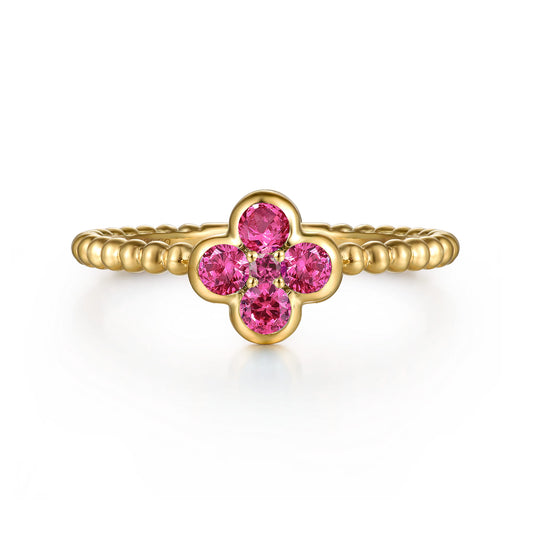 14K Yellow Gold Ruby Cluster Clover and Bujukan Bead Stackable Ring — Gabriel & Co. LR52876Y4JRA