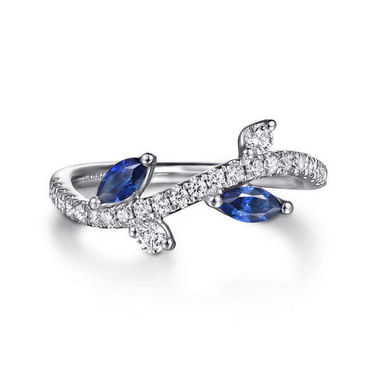 14K White Gold Diamond and Sapphire Floral Twisted Ring — Gabriel & Co. LR52886W45SA
