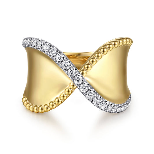 14K Yellow Gold Bujukan and Diamond Wide Band "X" Ring — Gabriel & Co. LR52936Y45JJ