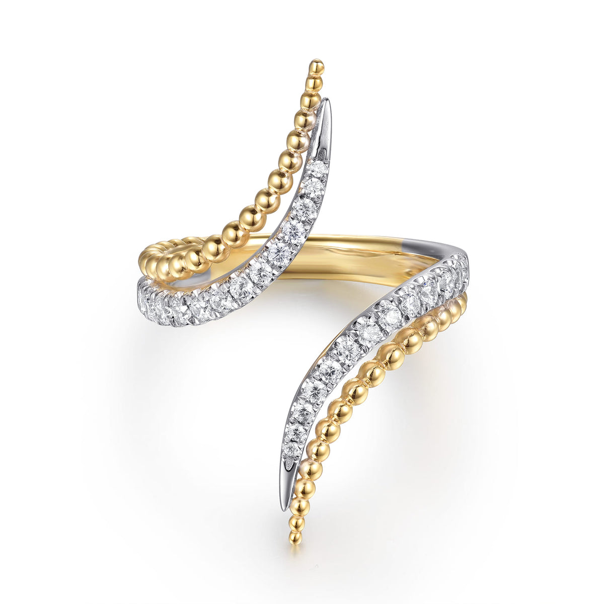 14K White & Yellow Gold Bujukan and Diamond Double Row Bypass Ring — Gabriel & Co. LR52989M45JJ