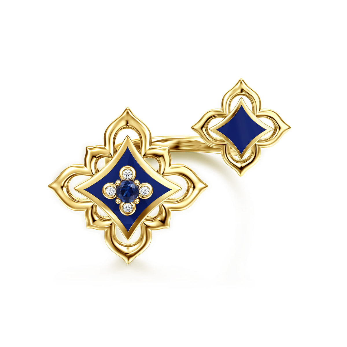 18K Yellow Gold Diamond and Blue Sapphire Floral Open Ring with Chrome Blue Enamel — Gabriel & Co. LR53011ELY84SA