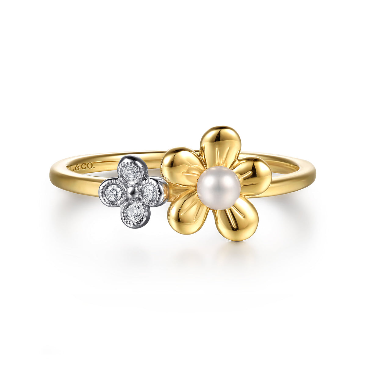 14K White and Yellow Gold Flower Diamond and Pearl Stackable Ring — Gabriel & Co. LR53051M45PL