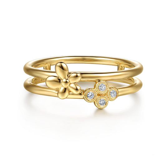 14K Yellow Gold Flower and Diamond Clover Easy Stackable Ring — Gabriel & Co. LR53052Y45JJ