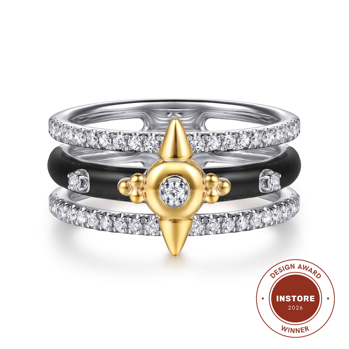 14K White&Yellow Gold Bujukan Diamond Spike Easy Stackable Ring with Black Enamel — Gabriel & Co. LR53057E8M45JJ