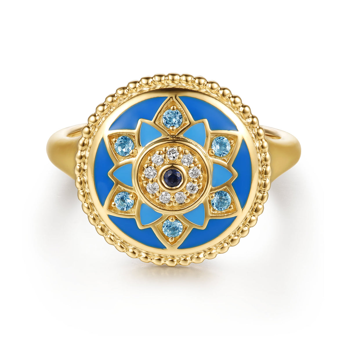 14K Yellow Gold Bujukan Diamond, Blue Sapphire and Blue Topaz Signet Ring with Dusk Blue and Blue Enamel — Gabriel & Co. LR53070EMY45MC