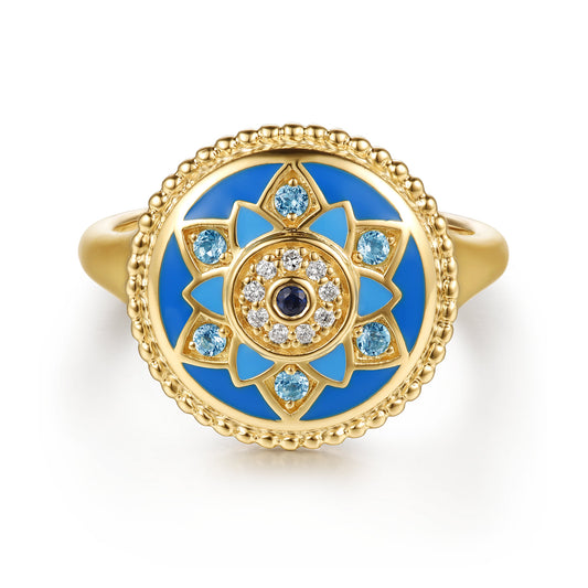 14K Yellow Gold Bujukan Diamond, Blue Sapphire and Blue Topaz Signet Ring with Dusk Blue and Blue Enamel — Gabriel & Co. LR53070EMY45MC